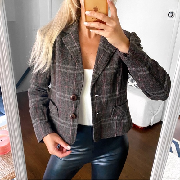 🍂 BETTY BARCLAY GREY RED PLAID WOOL BLEND BLAZER JACKET! - Picture 5 of 15